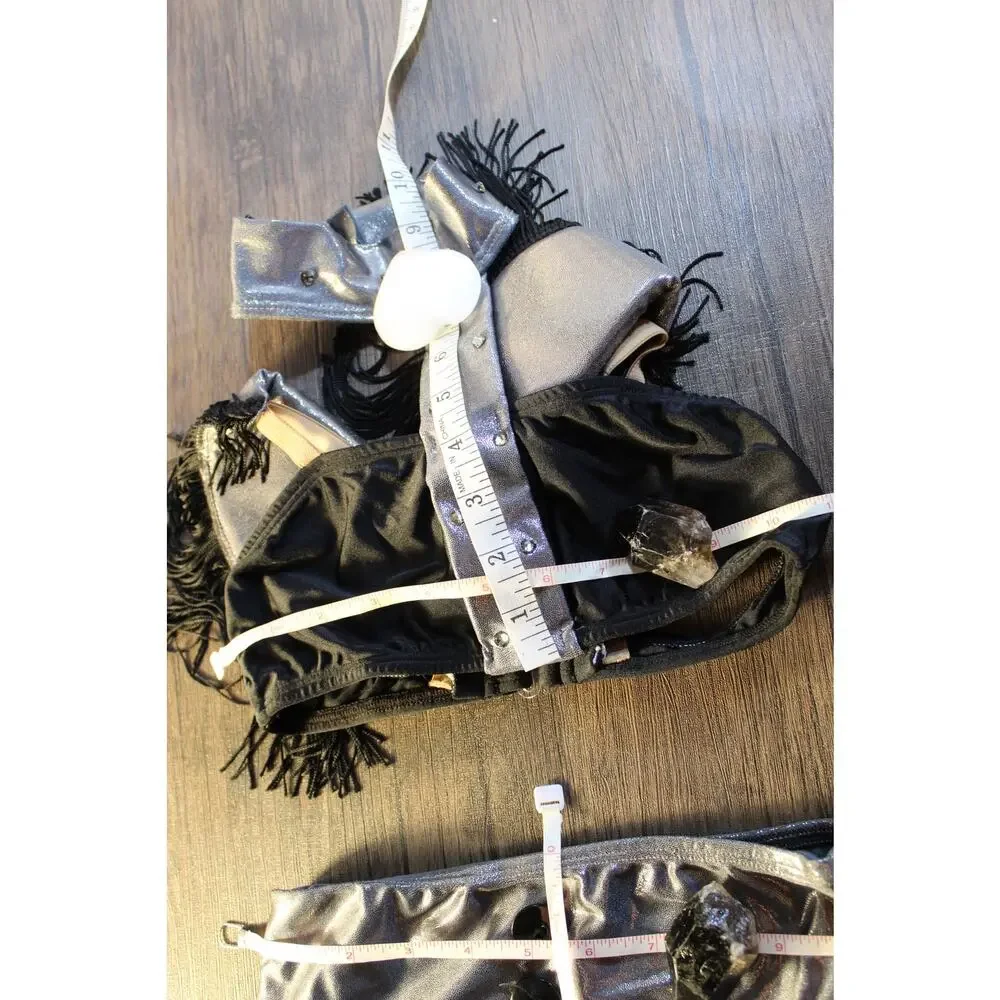 Patrick J. dance costume girl's 2 piece gray silver black shoulder pads fringe S